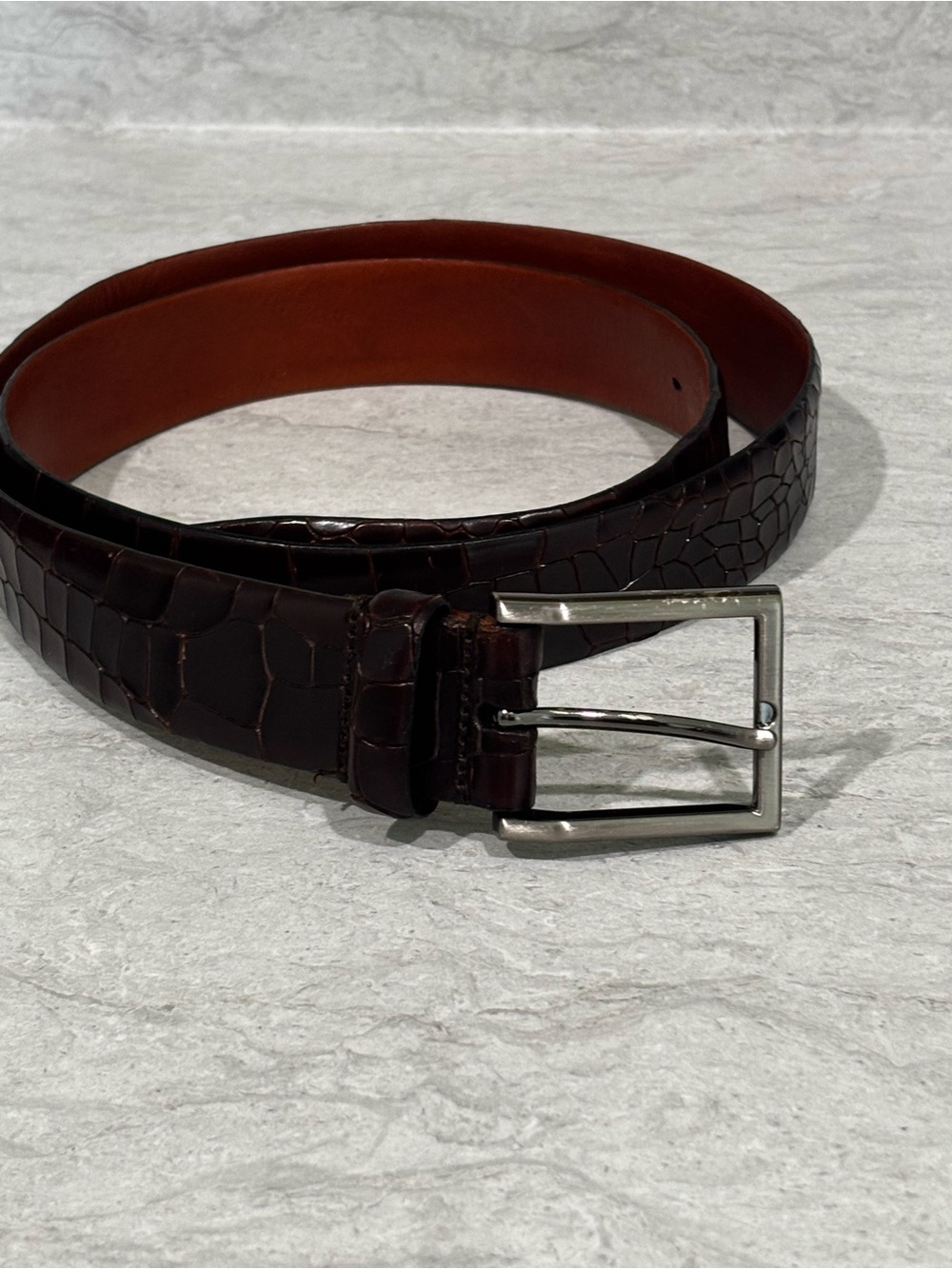 Trafalgar Dark Brown Croc-Embossed Leather Belt with Silver Buckle